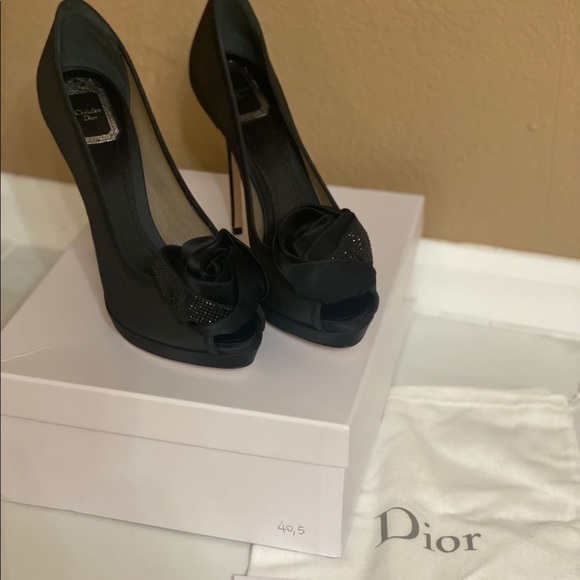 NWB Dior Black Mesh and Satin Chiffon Flower Peep Toe Platform Pumps Size 40.5 - Picture 3 of 9